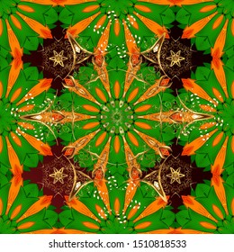Anti-stress coloring for adult. Zentangle style. Orange, green and brown colors. Lace seamless pattern. Mandala flower coloring book for adults Vector illustration.