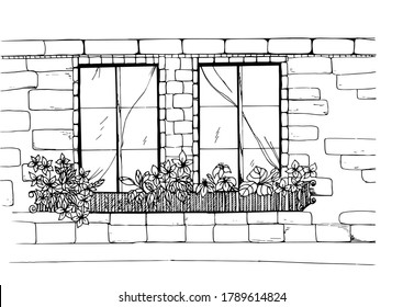 Anti-stress coloring black and white vector drawing drawn by hand. Illustration of an architectural fragment, for coloring flowers, Windows, walls, curtains. Suitable for posters, postcards, stickers,