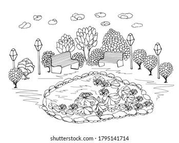 Anti-stress coloring black and white vector drawing, drawn by hand. Illustration of a Park, for drawing flowers, trees, lakes, benches, lanterns, and clouds. Suitable for posters, postcards, stickers 