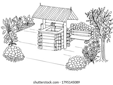 Anti-stress coloring black and white vector drawing, drawn by hand. Illustration of a water well, for drawing flowers, trees, benches, plants. Suitable for posters, postcards, stickers and book design
