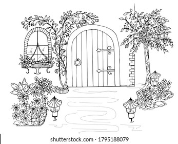 Anti  stress coloring black   white vector drawing  drawn by hand  Illustration house  for drawing Windows  curtains  doors  lanterns  flowers   wood  Suitable for posters  postcards  stickers