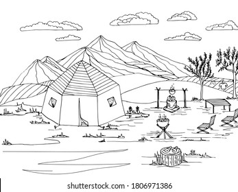 Anti-stress coloring black and white vector drawing drawn by hand. Illustration of a tent, for painting mountains, campfire, barbecue, chaise longue. Suitable for posters, postcards, stickers