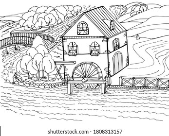 Anti-stress coloring black and white vector drawing drawn by hand. Illustration of a water mill, for painting a house, bridge, river, workshop, fields. Suitable for posters, postcards, stickers, book 