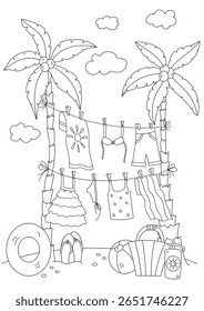 Anti-Stress Coloring Book For Adults And Kids With Laundry Drying On Palms - A Tropical Vacation