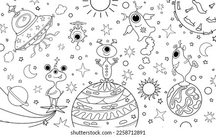 Antistress coloring book for children and adults. Cute aliens in space. Planets, stars and flying saucer. Vector illustration