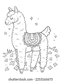 Libro de colorear antiestrés con llama linda. Ilustración del contorno vectorial de una página de color adorable con llamas.