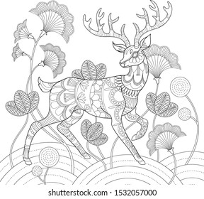 Antistress coloring book. Deer with ornament among plants. Vector isolated outline