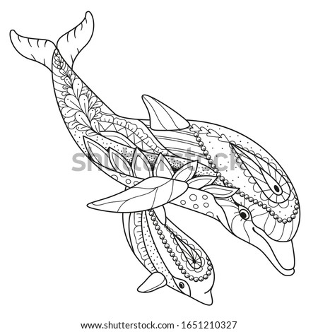Antistress coloring book Dolphin with baby Dolphin in Zen style, with floral and geometric ornaments for creativity, coloring adults and children. Vector isolated on a white background.