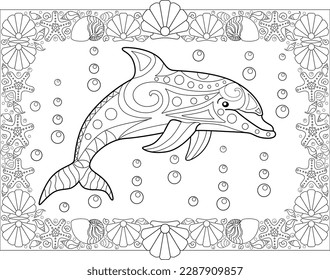 Antistress coloring book with a dolphin and a frame of seashells - a vector linear picture for coloring. Outline. Coloring book with marine mammal animal bottlenose dolphin.