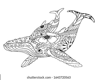 Antistress coloring book family of whales, a whale with a baby whale with a floral ornament for creativity, coloring for children and adults. Vector isolated on a white background, decorative.