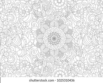 Antistress coloring book floral ornament on the whole leaf. Black lines, white background. Vector illustration