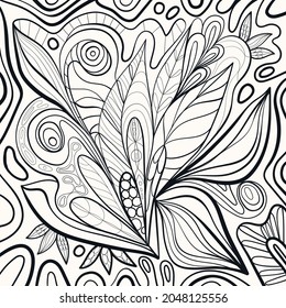 Antistress coloring book hand drawn illustration. Line drawn leafs, flowers, shapes and doodle drawing. Trendy line art vector print. Modern drawing design for adults and kids.