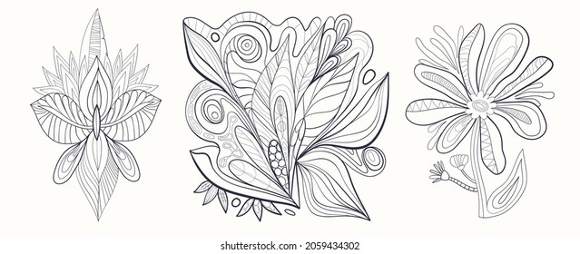 Antistress coloring book hand drawn illustration set. Line drawn leafs, flowers, shapes and doodle drawing. Trendy line art vector print. Modern drawing design for adults and kids.