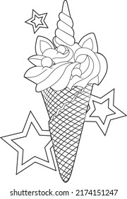 Antistress coloring book, ice cream cone - unicorn.