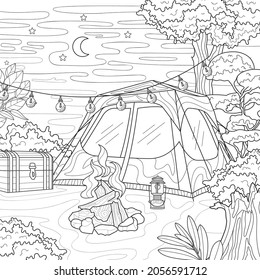 Antistress coloring book for kids and adults. Tent in forest with bonfire and camping equipment. camping. Tangled Zen style. Hand drawing. Illustration isolated on a white background.