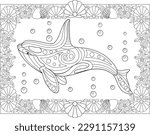 Antistress coloring book with killer whale and shells frame - vector linear picture for coloring. Outline. Coloring page with marine mammal animal orca.