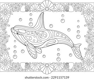 Libro de colorear antiestrés con marco de ballena asesina y conchas - imagen lineal vectorial para colorear. Esquema. Página de coloreado con orcas de mamíferos marinos.