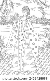 antistress coloring book page for adult and children. beautiful chinese girl with fan standing against forest lake. cloudy water landscape with bushes and branches of willow