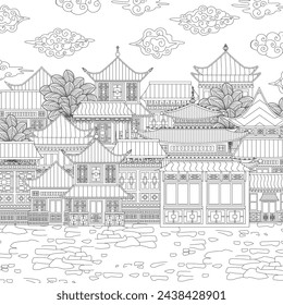 antistress coloring book page for adult and children. ancient asian town. cloudy chinese cityscape with trees