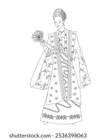 antistress coloring book page for adult and children. standing chinese girl with elegant hairstyle in long dress holding a flower chrysanthemum