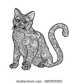 Antistress coloring book page with ornate patterns, cat with lines and waves, cute mammal coloring book for kids and adults vector illustration