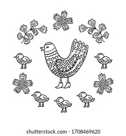 Anti-stress coloring book partridge with chickens in Zen style, with floral and geometric ornaments. Coloring book for children and adults. Vector isolated on a white background. Draw the outline.