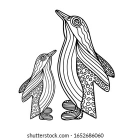 Antistress coloring book Penguin with baby Penguin in Zen style, with floral and geometric ornaments for creativity. Coloring adults and children.Vector isolated on a white background.Outline contour.