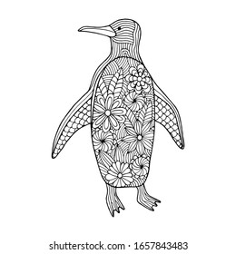 Antistress coloring book Penguin in Zen style, with floral and geometric ornaments for creativity. Coloring adults and children.Vector isolated on a white background.Outline contour.