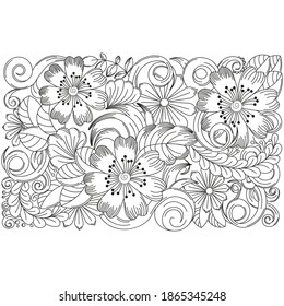 anti-stress coloring for children and adults with black contours of flowers, leaves, curls