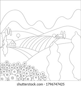 Anti-stress coloring Italian village landscape line art 