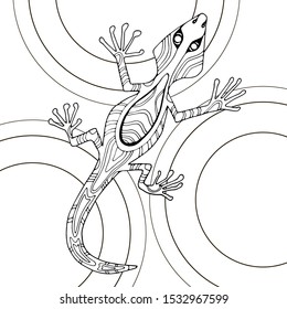 Antistress coloring with lizard and circles on the background.
