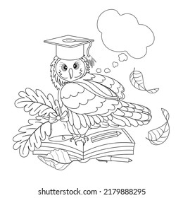 Antistress coloring. Owl, school, autumn. Black and white illustration