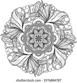 Anti-Stress Coloring Page For Adults. Digital Hand Drawn Vector Illustration. Decorative Ornament In Ethnic Oriental Style. Circle Pattern Zentangle Inspired. 