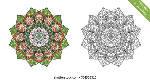 Antistress Coloring Page for adults. Flower mandala for relaxation, meditation, painting, yoga logo. Decorative round ornament. Vector floral pattern. Rich texture. Intricate oriental design element.