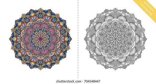 Antistress Coloring Page for adults. Flower mandala for relaxation, meditation, painting, yoga logo. Decorative round ornament. Vector floral pattern. Rich texture. Intricate oriental design element.