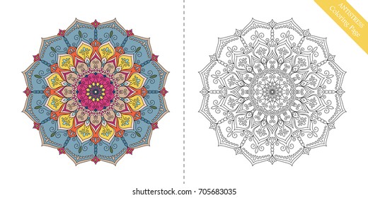 Antistress Coloring Page for adults. Flower mandala for relaxation, meditation, painting, yoga logo. Decorative round ornament. Vector floral pattern. Rich texture. Intricate oriental design element.