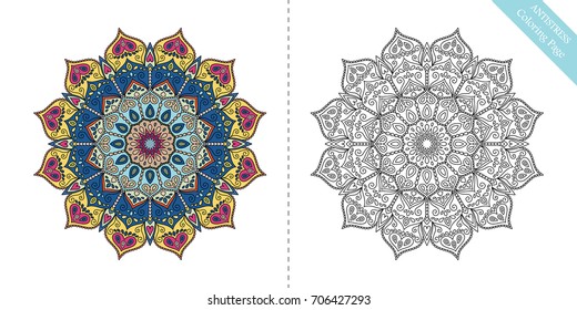 Antistress Coloring Page for adults. Flower mandala for relaxation, meditation, painting, yoga logo. Decorative round ornament. Vector floral pattern. Rich texture. Intricate oriental design element.