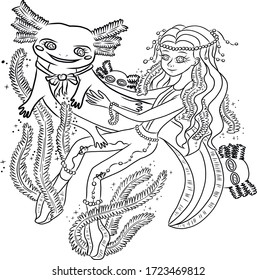 antistress coloring page with axolotl and fantasy beauty girl