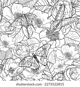 Antistress coloring page. Beautiful insects, butterflies fly over the flowers. Natural background of branches, leaves, blooming flowers. For tattoo, coloring, print, card, clothes, children game