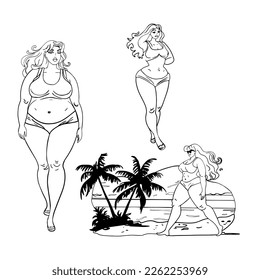 Antistress coloring page. Body positive woman on beach vector illustration isolated on white. Beautiful plus size models in bikini. Girl walking along seashore. Summer, vacation, activity concept