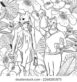 Antistress coloring page. Cat girl and dog boy with vocal or wine glass on the paty. Tropical flowers and leaves frame. Isolated on white. For coloring, print, package, cards, designer, clothes, logo