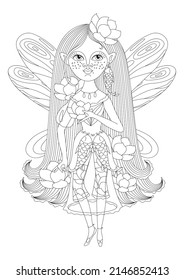 Antistress coloring page for children, a beautiful fairy with lotuses and fish. Outline. Vector illustration. Isolated.