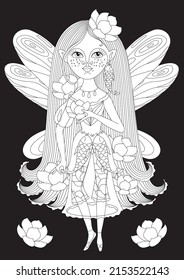 Antistress coloring page for children, a beautiful fairy with lotuses and fish on a black background. Vector illustration.