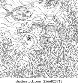 Antistress Coloring Page of a Clownfish Swimming Through Coral Reef with Seaweed and Marine Life.Detailed Black and White Illustration for Adults.