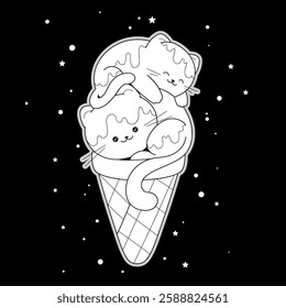 Antistress coloring page. Cute colorful kittens sleep and look like as an ice cream. Vector illustration. 