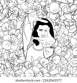 Antistress coloring page. A cute girl with curly dark hair makes a photo frame with her fingers in the blooming exotic flowers. Isolated on white. For printing, cards, designers, clothes, icon, logo