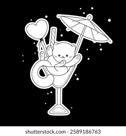 Antistress coloring page. Cute kitten in a cocktail glass. Funny and cozy vector illustration. 