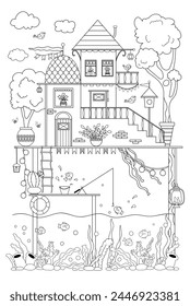 Anti-Stress Coloring Page Featuring A Cute House By The River For Both Children And Adults, Filled With Numerous Details