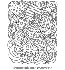 Antistress coloring page with hearts and ornate patterns, linear contour curls and waves for meditative coloring or Valentine's Day illustration