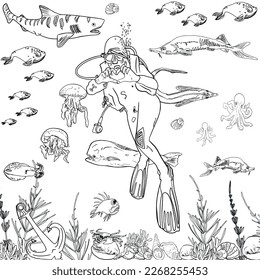 Antistress coloring page isolated on white. Colorful vector illustration of scuba diver surrounded by fishes, shark, jellyfish, octopus, squid, crabs, seaweed, shells. Child game, tattoo, print, card